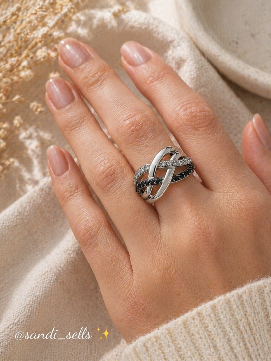 Jewelry - Sterling Silver Black & White Pavé Interlace Ring